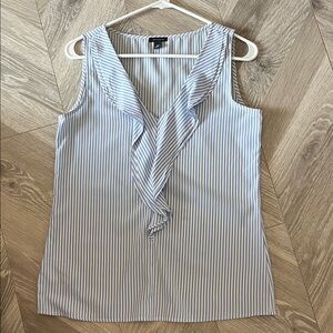 Ann Taylor White and Blue Striped Ruffle Blouse